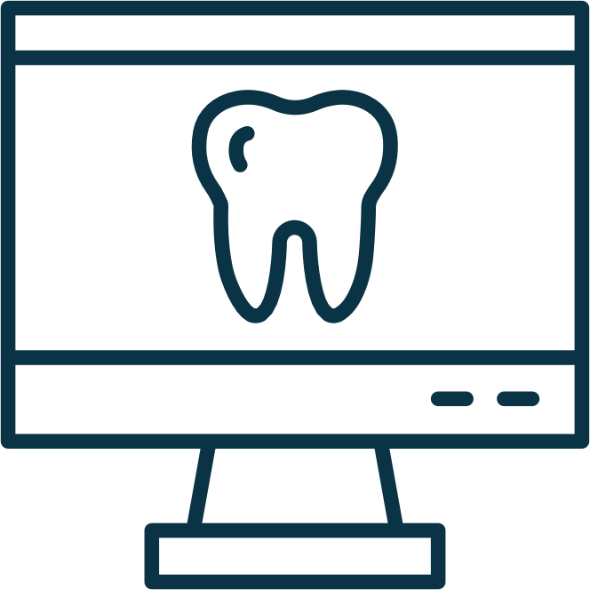 Line illustration of a desktop computer with a tooth on the screen